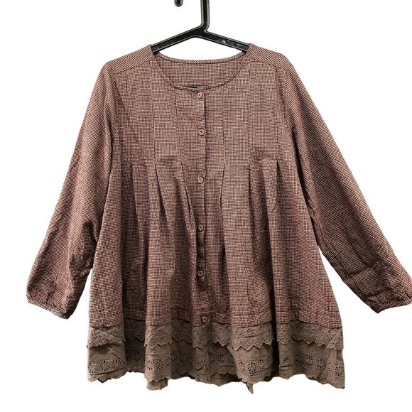 Yiyi Boho Peasant Tunic Top Crochet Hem Button Front Pleated Womens M - Picture 1 of 12
